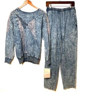 Vintage 80s USA Info Acid Wash Pull On 2PC Set Womens SZ L Retro Laidback Comfy